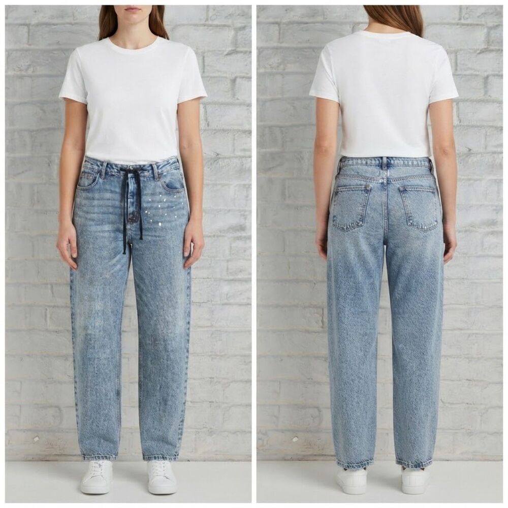 KBB By Kahlana Barrel Leg Jeans Paint Splatter Blue Denim Size 16 NWT